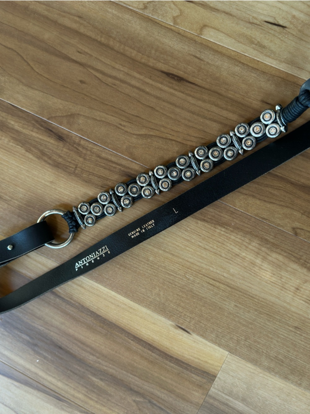 Antoniazzi Firenze Black Leather Belt with Silver Stud Rhinestone Detailing Y2K